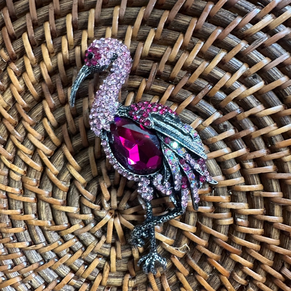 Vintage Jeweled Flamingo 4” Brooch Pendant Pin